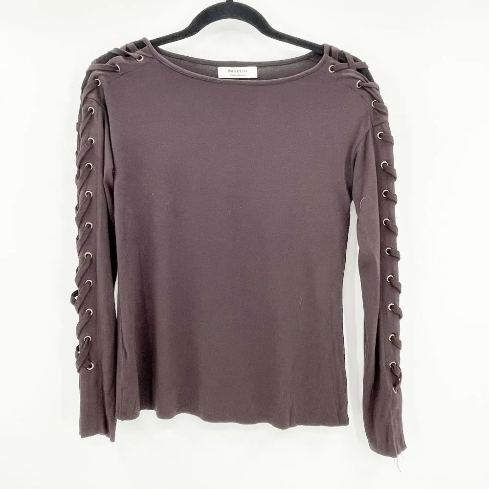 Bailey/44 Lace Up‎ Sleeve Casual Top Women's Size XS Brown Round Neck Pullover